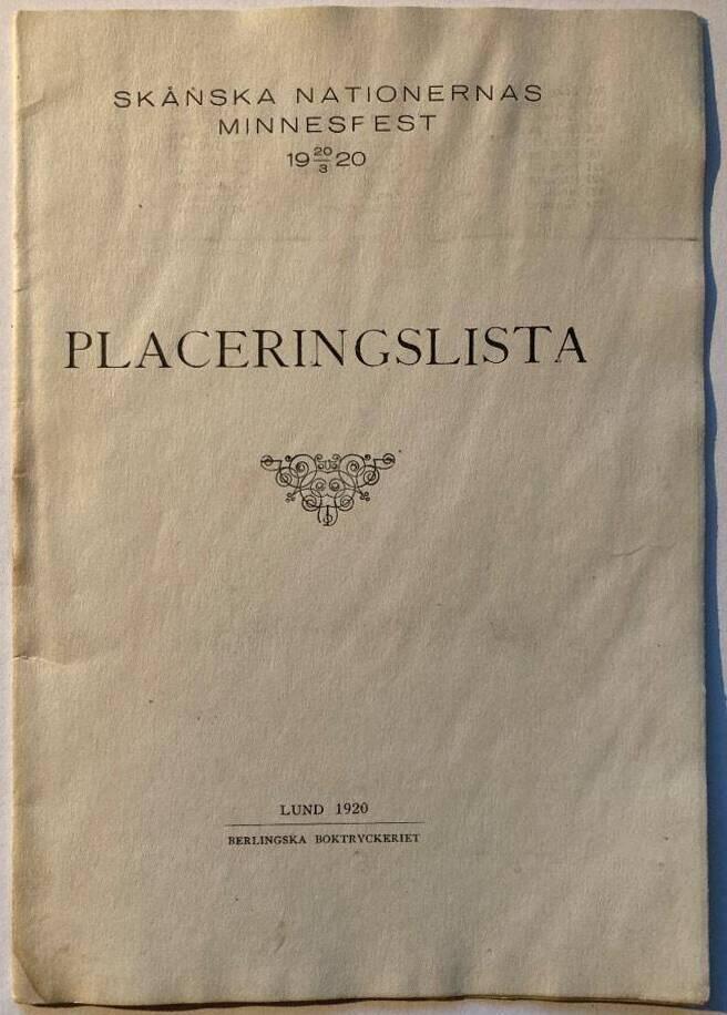 Skånska Nationernas minnesfest. 20/3 1920. Placeringslista